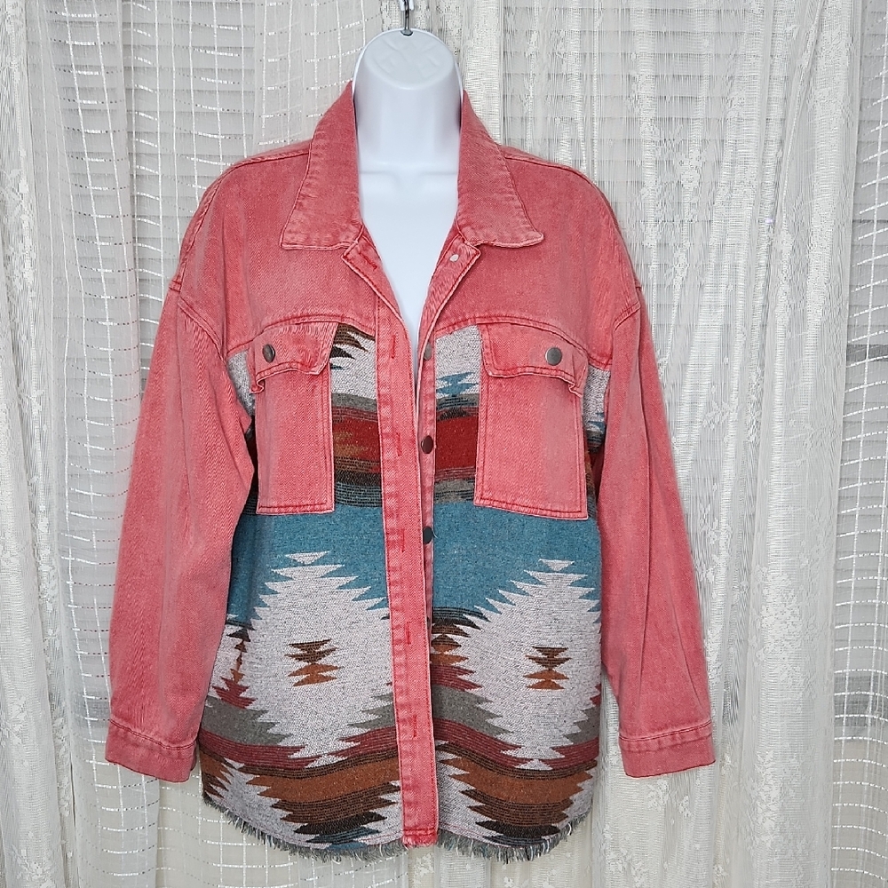 Oversized Denim Jacket With Aztec Woven Western Saddle Blanket Shacket Sz15